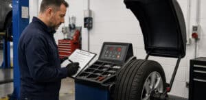 Technician inspecting tyre equipment in an automotive workshop